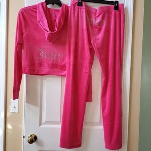 Juicy Couture Velour PINK PARTY Tracksuit 2 Pc Set Hoodie & Pants Size L  NWT